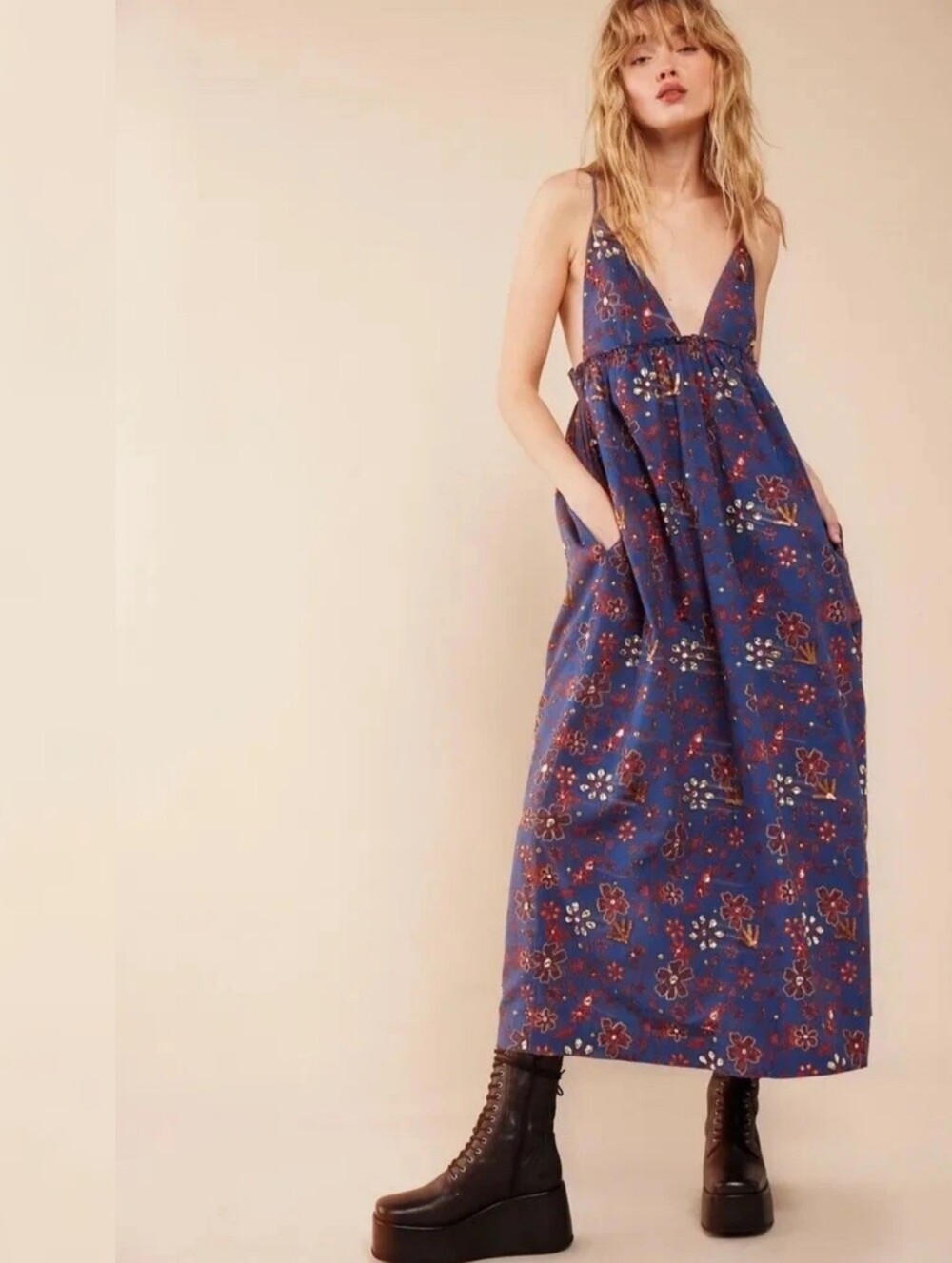 Free‎ People All The Jewels Maxi Dress Navy Combo Women's Size XL